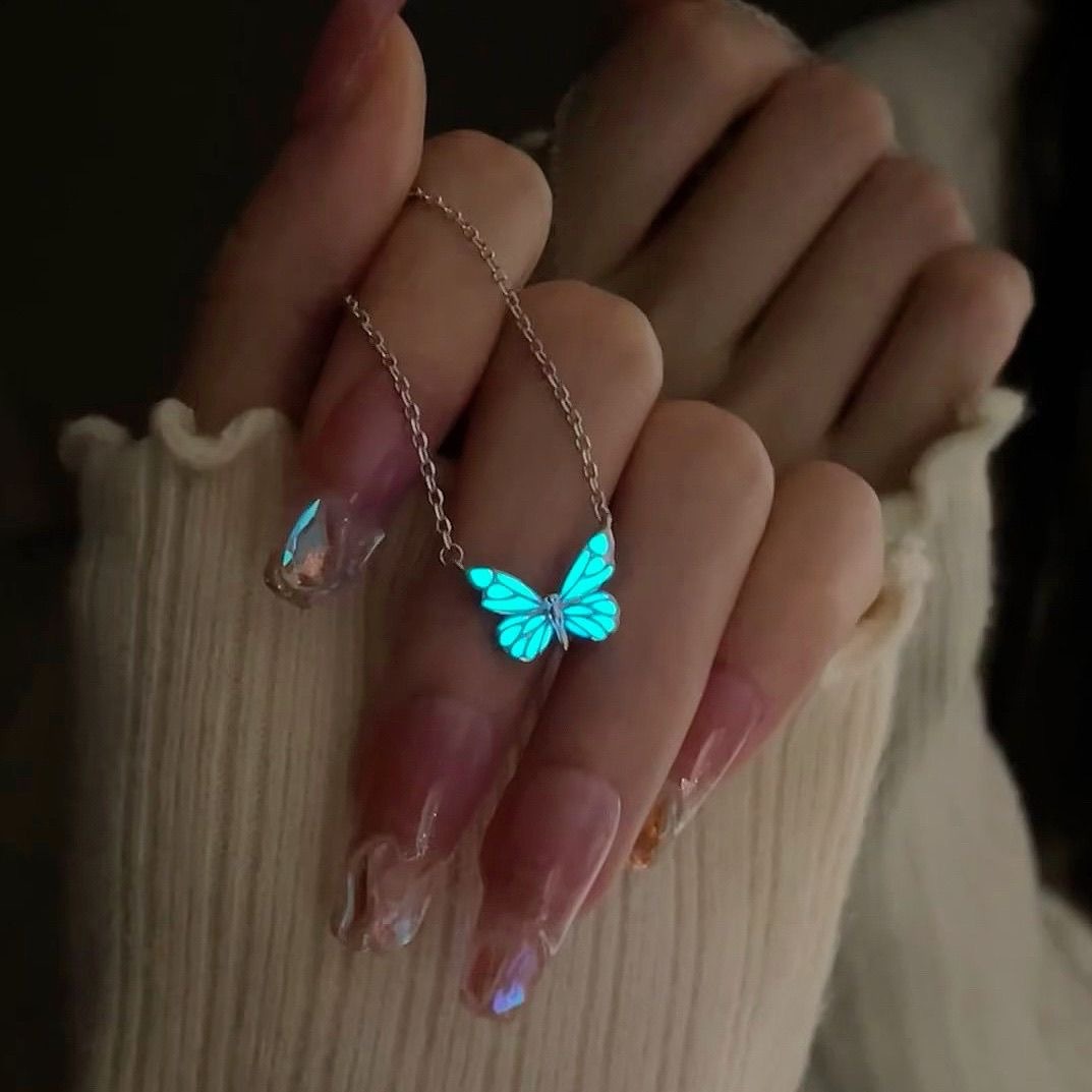 Blue Luminous Butterfly Necklace & Bracelet Jewelry Set