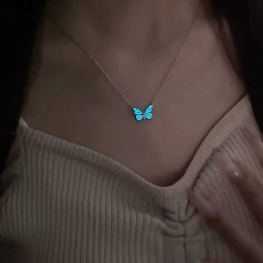 Blue Luminous Butterfly Necklace & Bracelet Jewelry Set