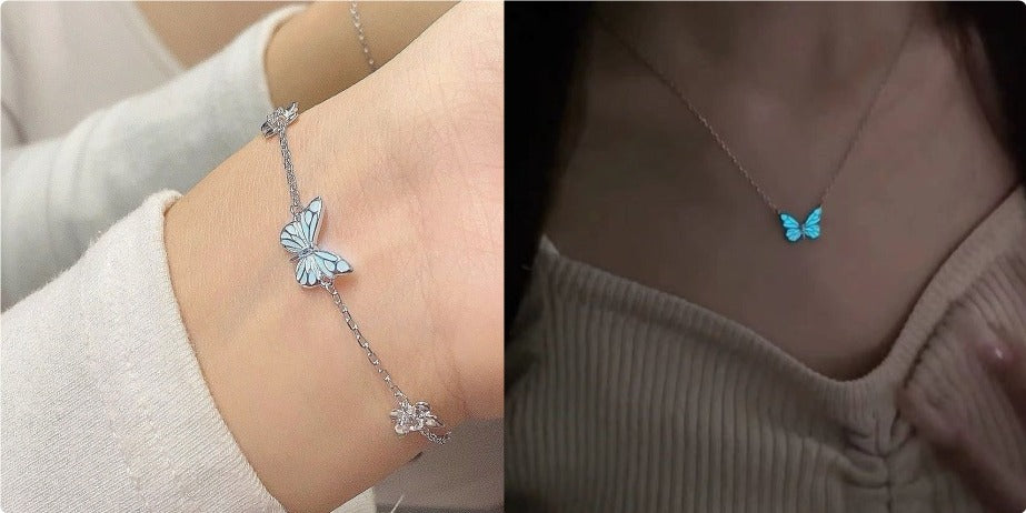 Blue Luminous Butterfly Necklace & Bracelet Set
