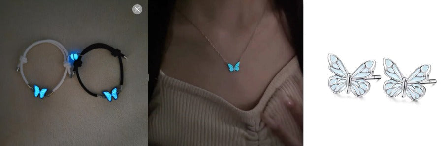 Blue Luminous Butterfly Necklace & Bracelet Jewelry Set