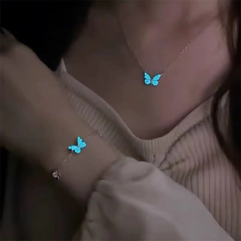 Blue Luminous Butterfly Necklace & Bracelet Jewelry Set